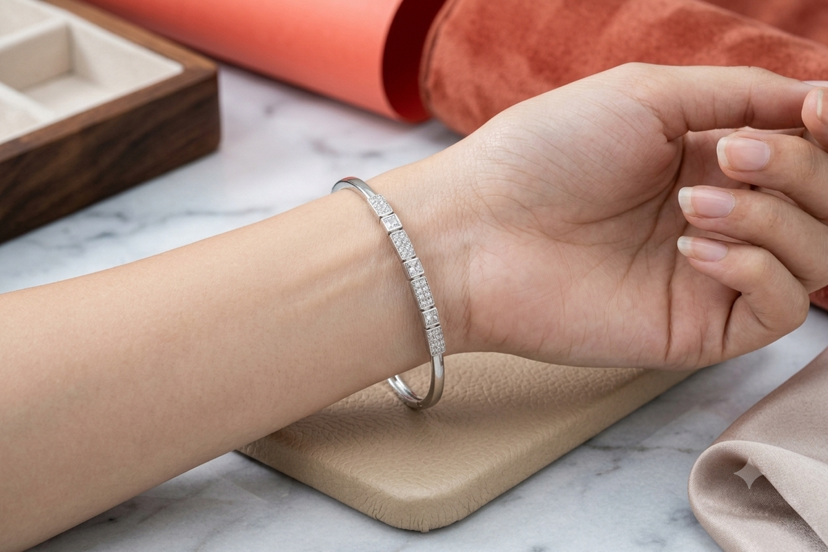 925 Sterling Silver Elegant CZ Studded Kada Bracelet for Women | Sleek Italian Finish | Adjustable Silver Bangle for Daily & Party Wear