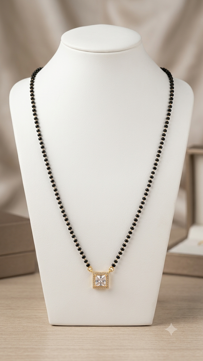 Silver Princess-Cut Solitaire Halo Mangalsutra