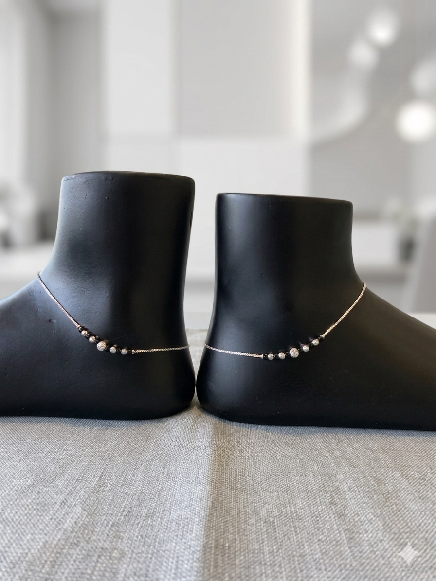 Sterling Silver Box Chain Anklet pair with Black and Hammered Beads