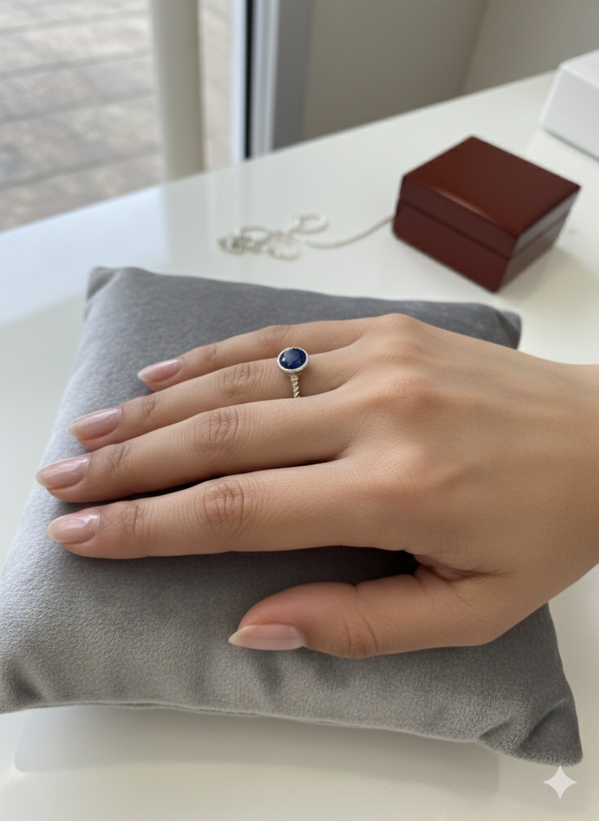 Midnight Sapphire Oval Ring with Diamond Accents in italian silver