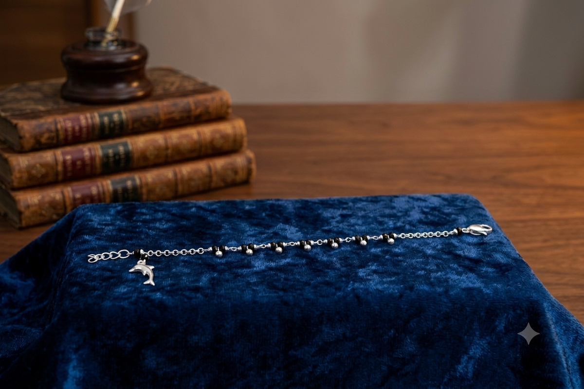 Black Bead Silver Hand Chain Bracelet with Hanging Charm