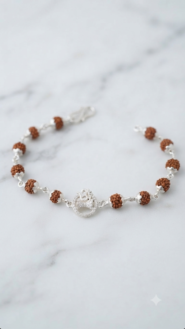 Silver Rudraksha Bracelet for Men with Om & Damru Charms | Spiritual Mahadev Wrist Band / Rakhi