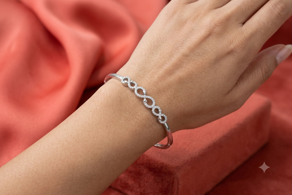 925 Sterling Silver Infinity Link Kada Bracelet for Women | Elegant CZ Studded Openable Silver Bangle | Daily Wear & Party Jewellery