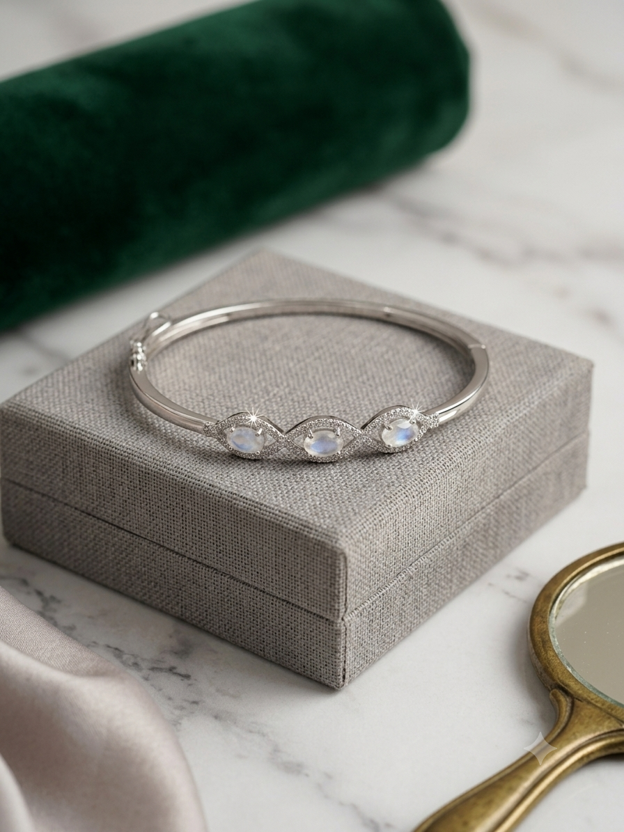 Premium 925 Sterling Silver Open Kada with Sparkling CZ Accents