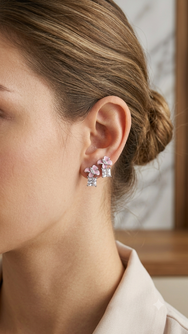 Aavika Zevar Sterling Silver pink butterfly with hanging stud Earrings for girls