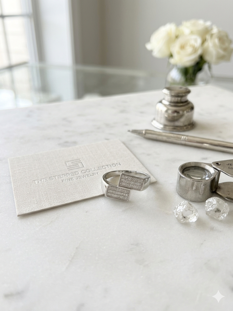 The Stepped Collection: Men’s Architectural Silver Bar Ring with Micro-Pavé Diamonds