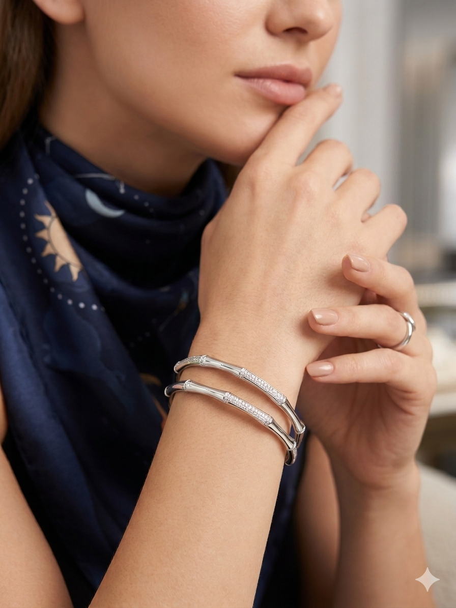 Aavika Zevar Sterling Silver Rhodium-Plated Textured Bangle for Women
