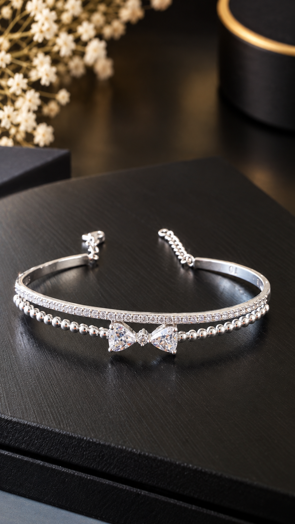 Dual-Strand Beaded Bow & Heart Zircon Bracelet