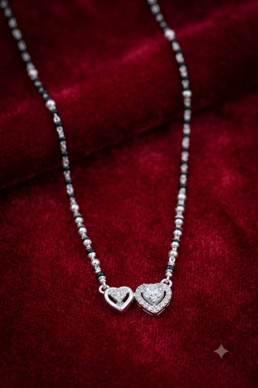 925 Sterling Silver Dual Heart Solitaire Mangalsutra with Black Beads & Pavé CZ for Women