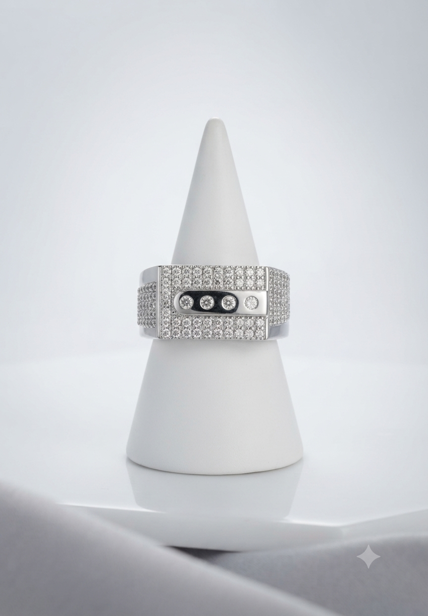 Men’s Diamond Signet Ring with Flush-Set Multi-Stone Center Bar in 925 Silver