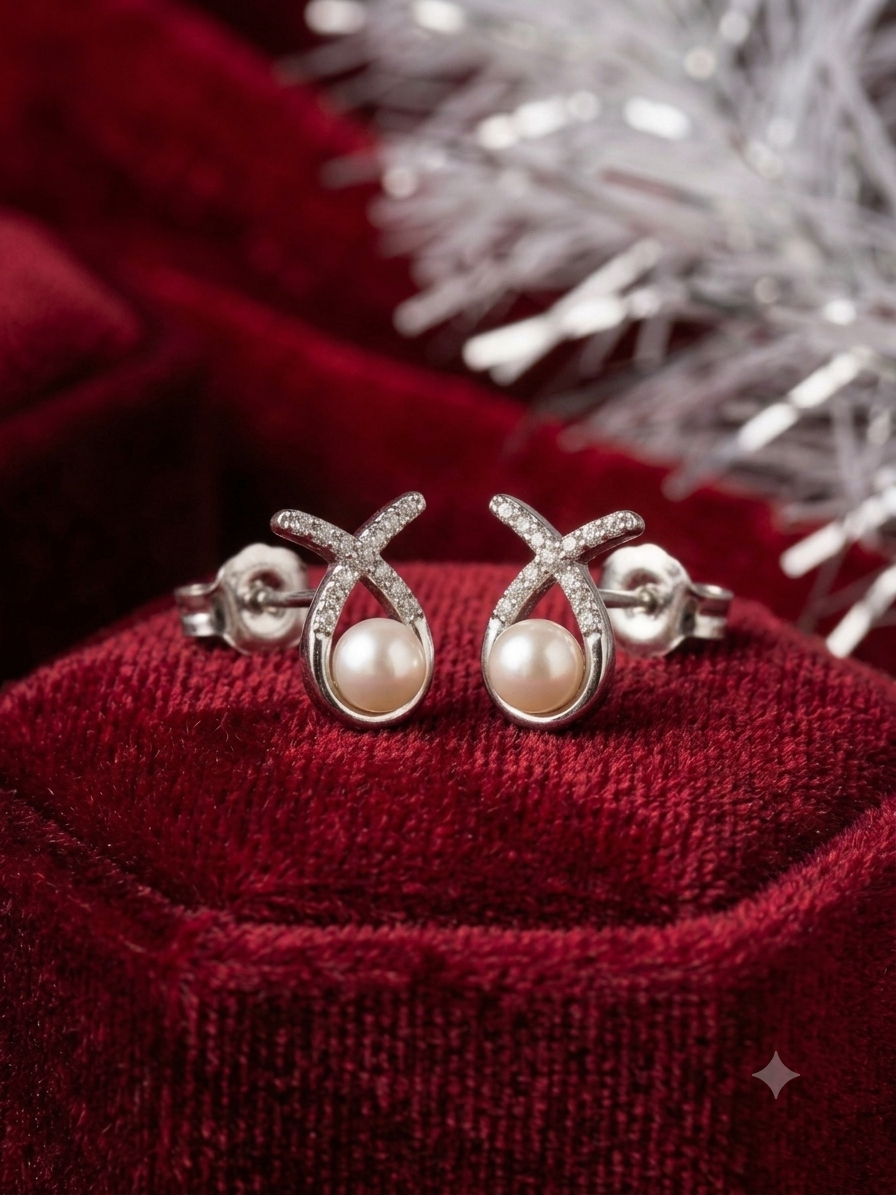 Aavika Zevar Sterling Silver Pearl Stud Earrings for Women & Girls | Elegant Teardrop Design