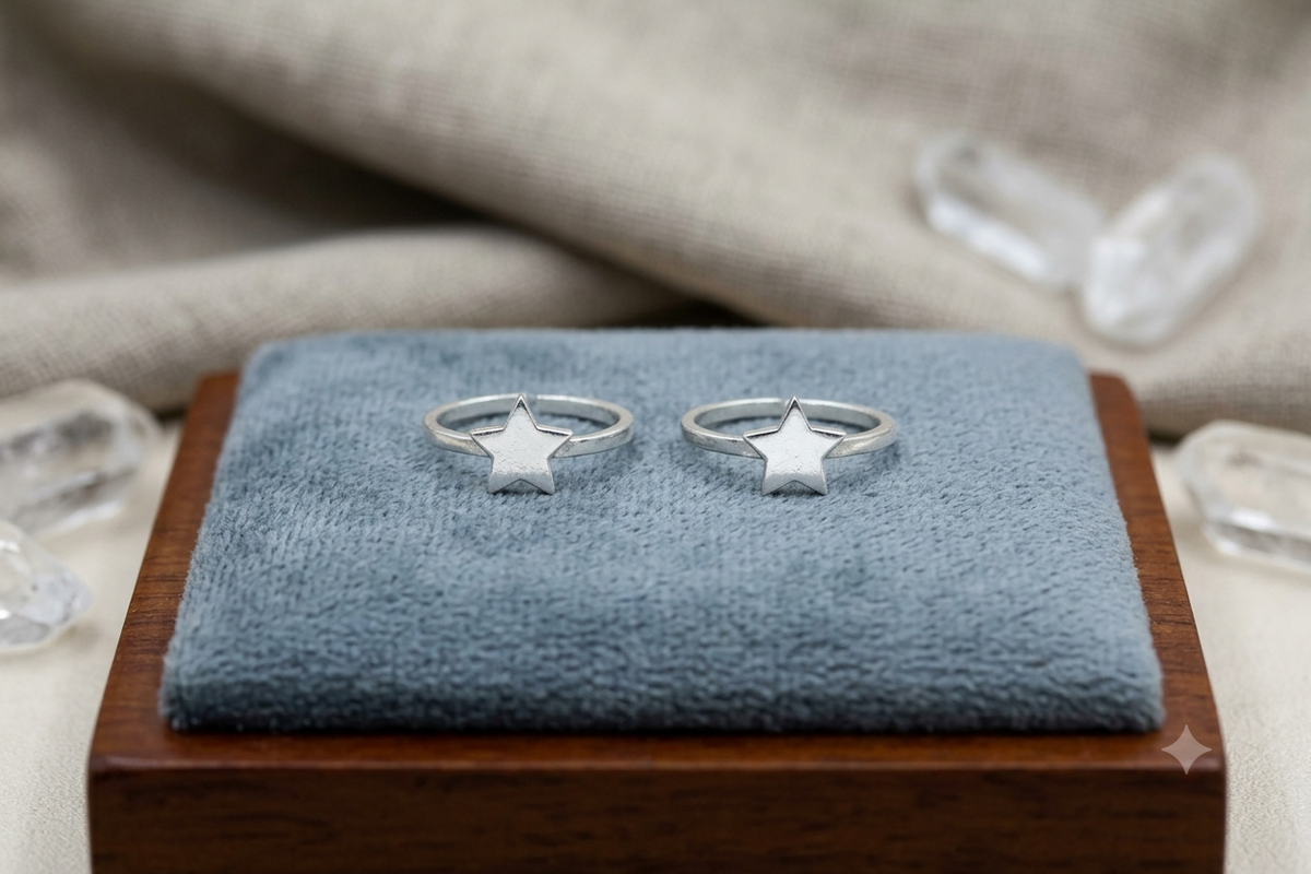 Pure Silver Matte Finish Star Toe Ring Set – Hypoallergenic Adjustable Daily Wear Bichiya