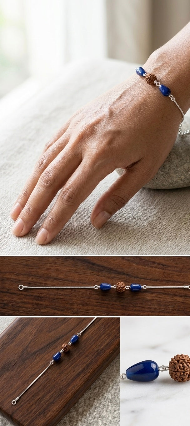925 Sterling Silver Rudraksha & Blue Lapis Nazr Bracelet / rakhi for Men