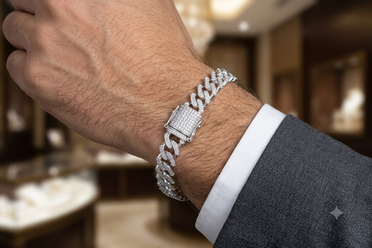 Silver Fully Iced Out Cuban Link Bracelet – Men's Micro-Pavé CZ Miami Curb Chain Bracelet