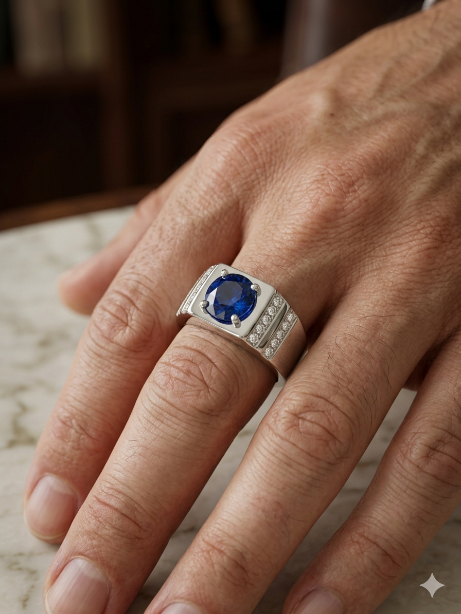 Men’s Cosmos Blue Sapphire Ring – 925 Silver Band with Textured Engravings