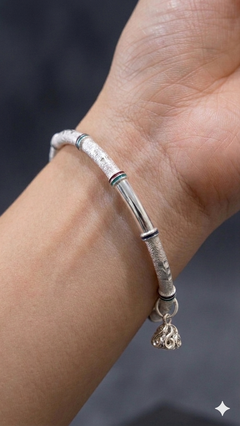 Silver Bangle with Textured Accents and Hanging Charm (one peice)