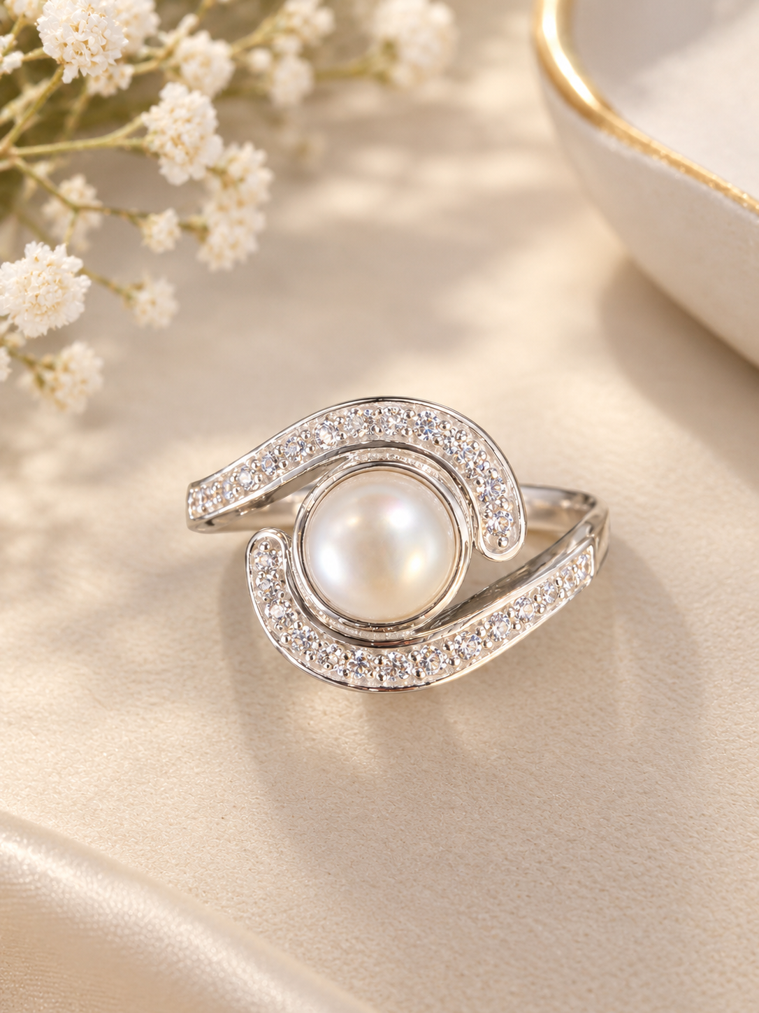 Celestial Wave Pearl Ring – Sterling Silver
