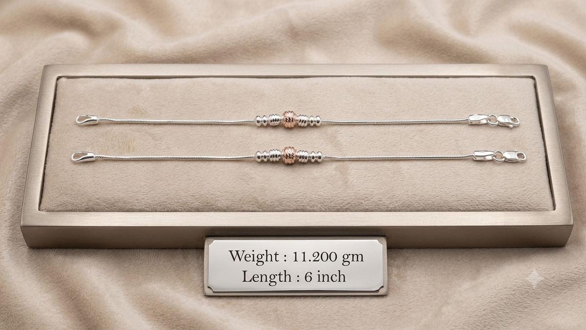 Two-Tone Silver & Rose Gold Finish Textured Bead Kids Anklets
