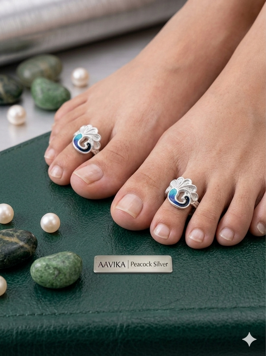 Aavika Majestic Peacock Sterling Silver Toe Rings – Handcrafted Blue Enamel Filigree (Pair)