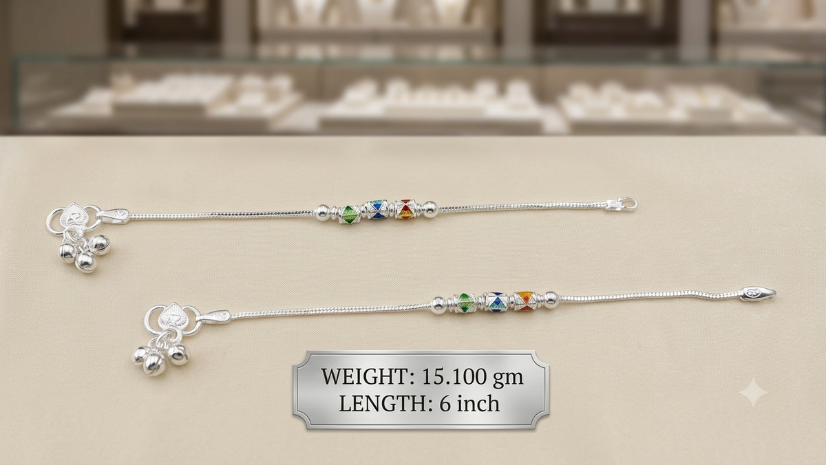 Silver Kids Payal with Tricolor Enamel Beads & Sweet Sound Ghungroo