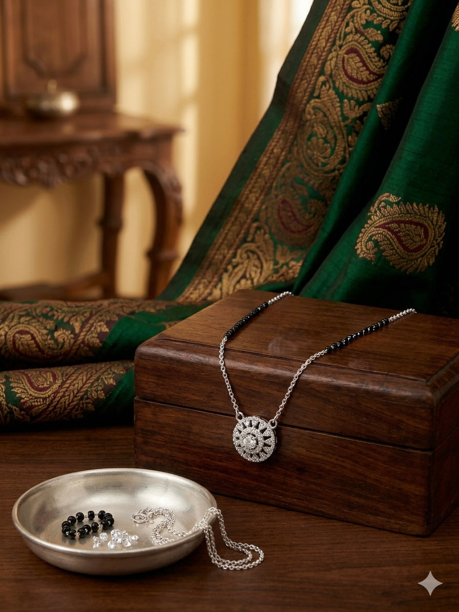 Italian Silver 925 Hallmarked Mangalsutra for Women |CZ Pendant | Black Beads Chain | Daily Wear & Gift for Wife