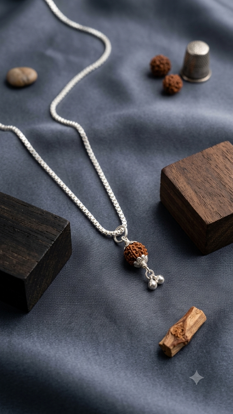 Silver rudraksha Pendant with silver box Chain | Pure Silver Spiritual Necklace | Elegant Daily Wear Jewelry | Ideal Gift for Devotees