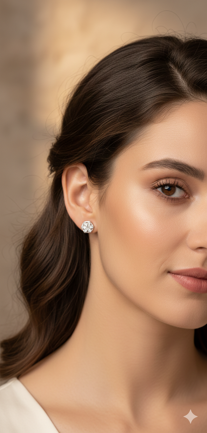 Sparkling Hexagon Floral Diamond Cluster Stud Earrings in 925 Sterling Silver / White Gold