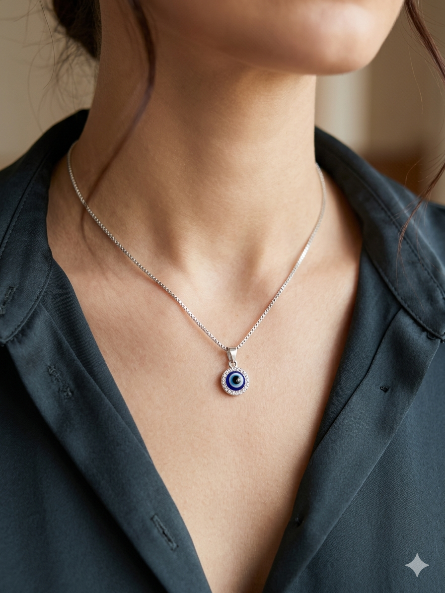 Sterling Silver Evil Eye Pendant with Box Chain