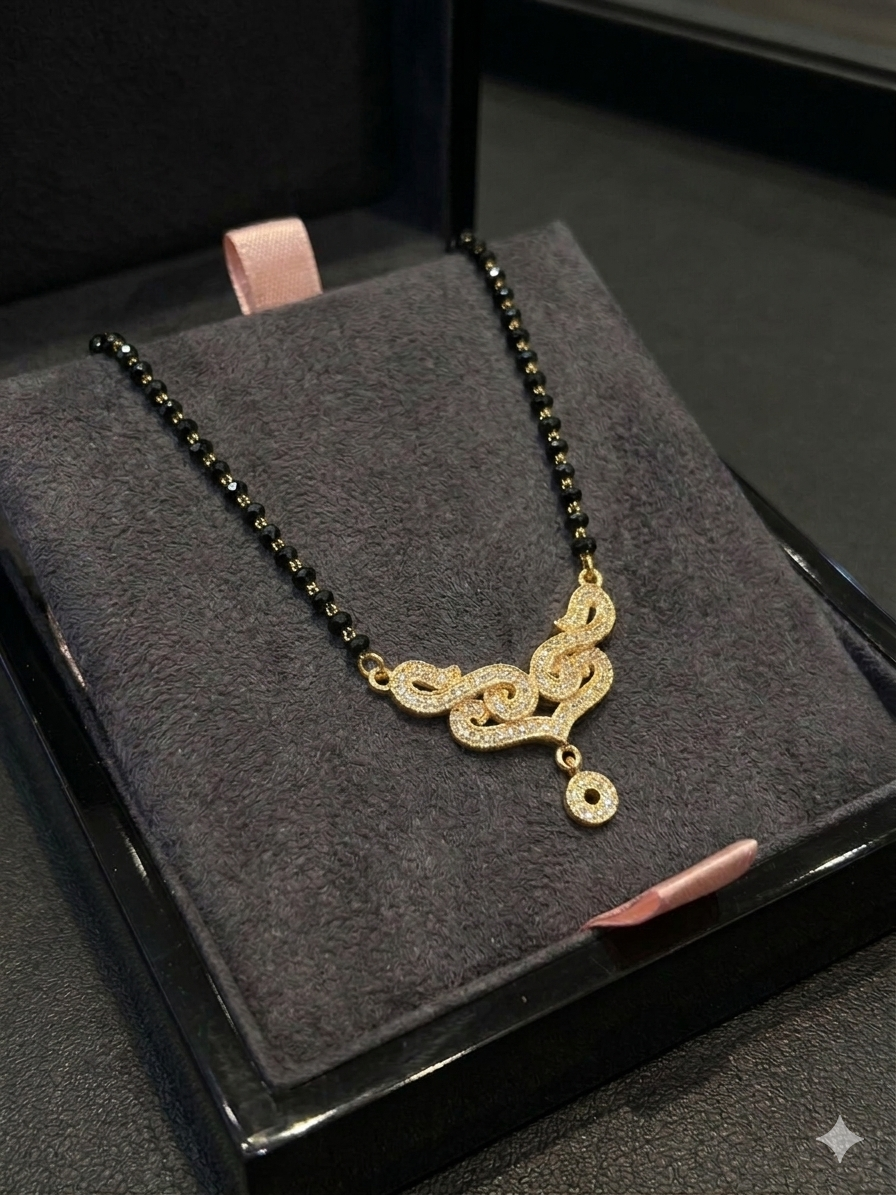 Aavika Zevar Gold Plated Contemporary American Diamond silver Mangalsutra with Single-Line Black Beaded Chain