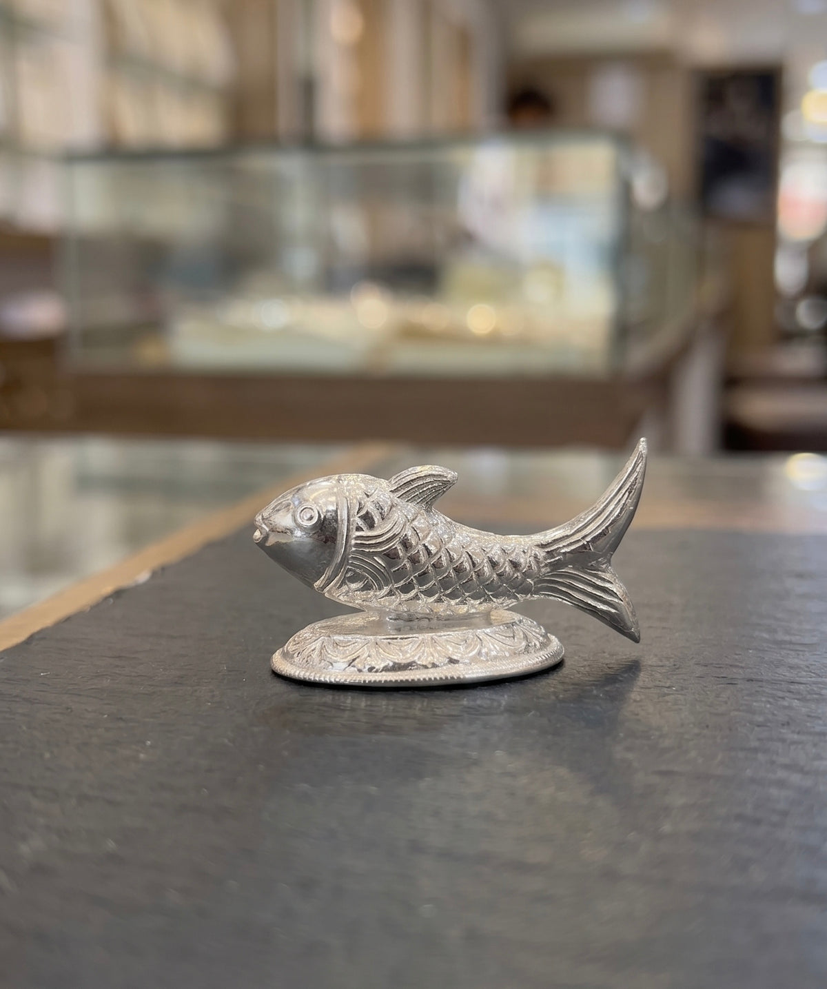 Pure Silver Matsya Fish Idol on Dome Pedestal | Vastu & Feng Shui Chandi Machhli for Wealth, Positivity & Home Mandir