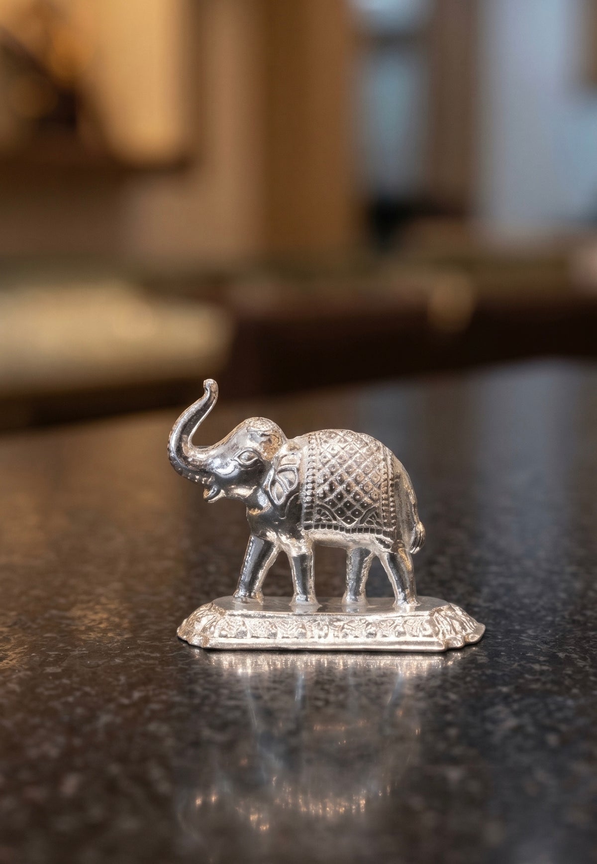 Silver Trunk-Up Elephant Idol on Carved Oval Pedestal, Auspicious Vastu & Feng Shui Gajraj Figurine for Pooja Mandir, Wealth, Good Luck & Home Decor Gift