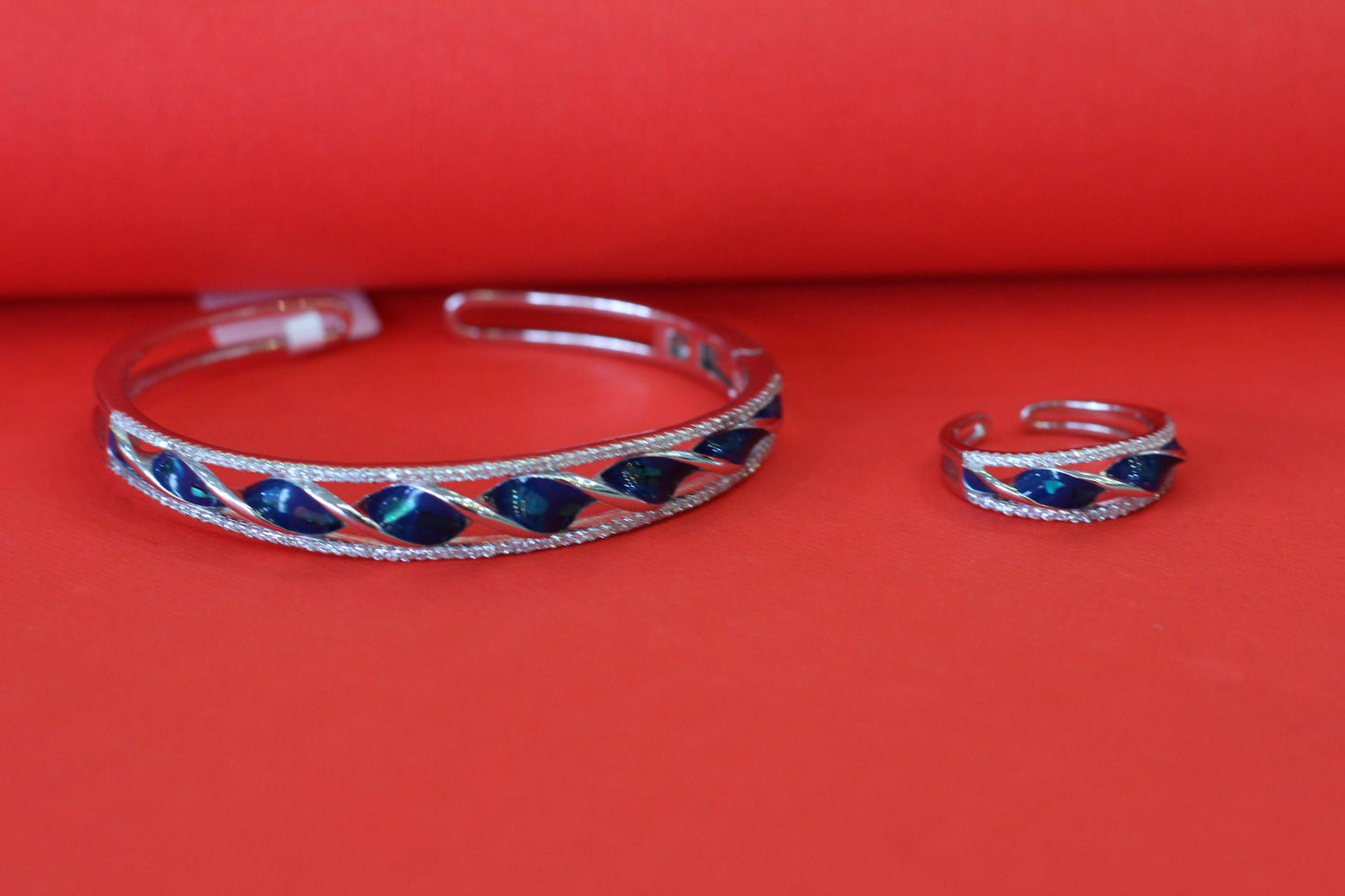 Sterling Silver Kada & Ring Combo with Blue Enamel Work