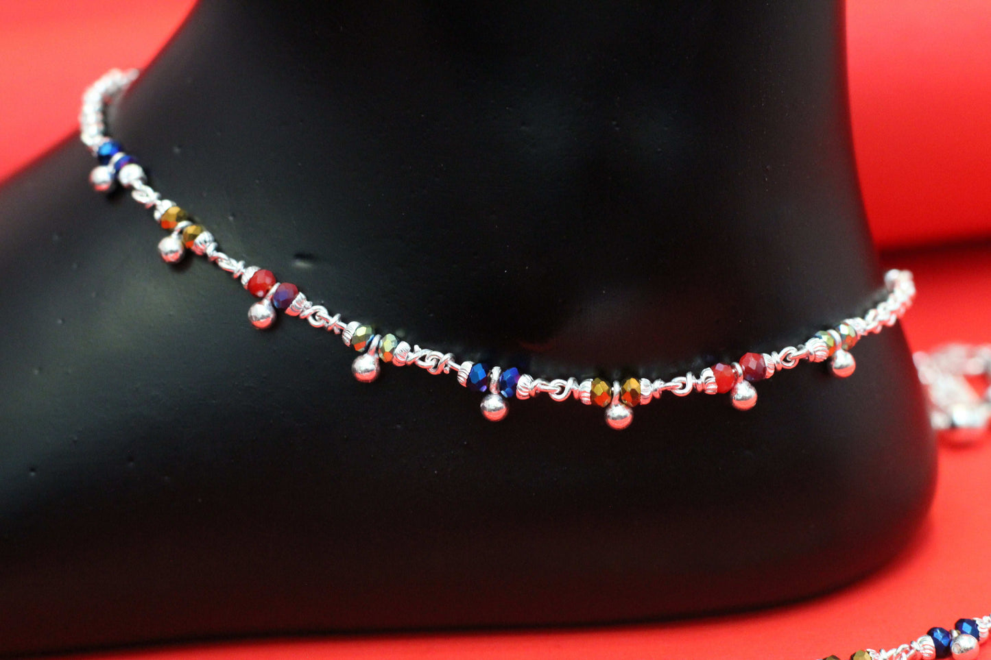 Elegant Silver Payal with multicolour and black Beads