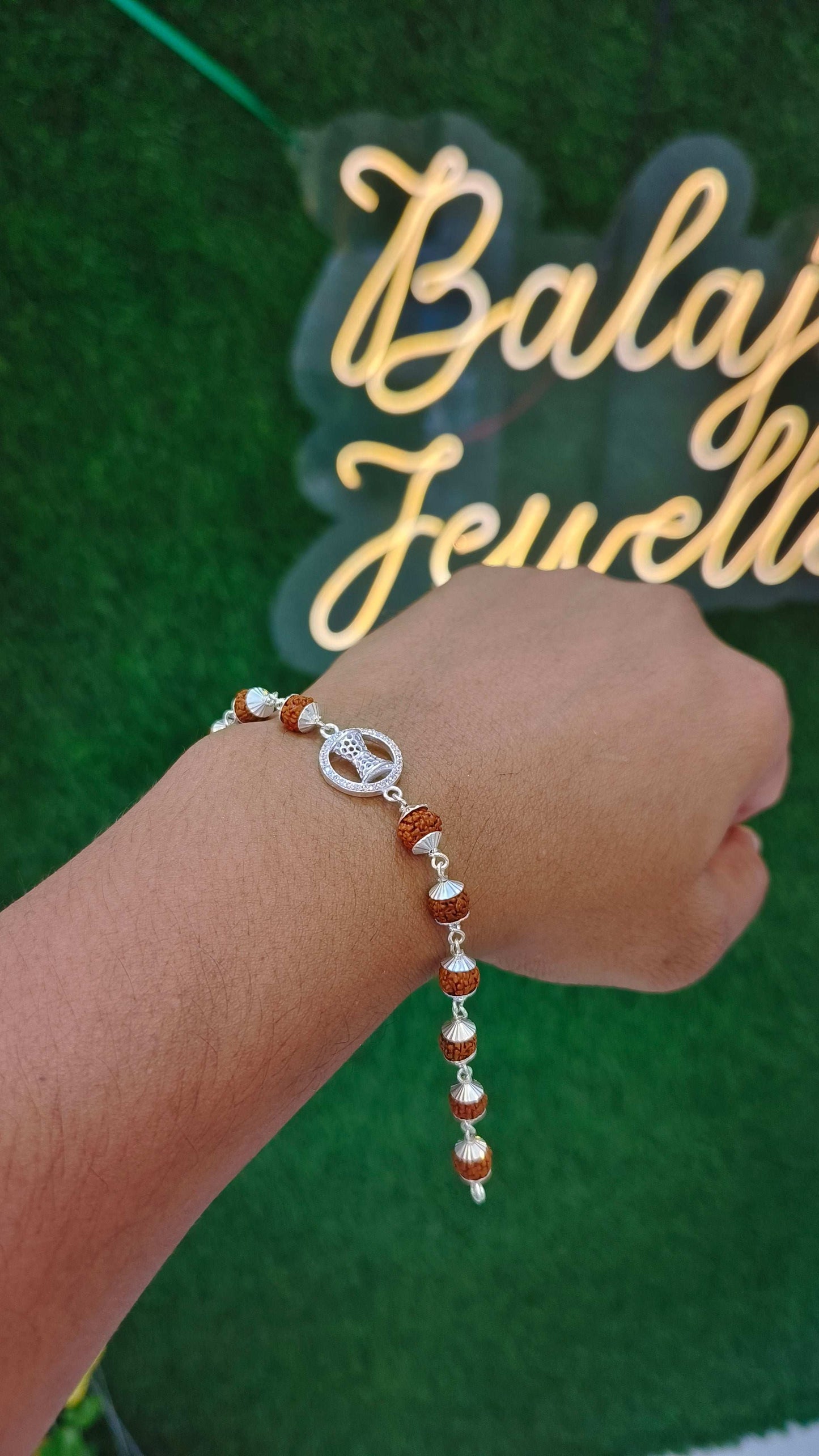 Pure Silver Rudraksha Bracelet with shivji damru Charm