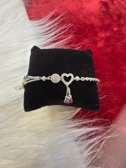 Silver Heart Charm Bracelet for Girls | Elegant Adjustable Bracelet with Sparkling Stones & Dangling Beads | Perfect Gift for Women & Teens