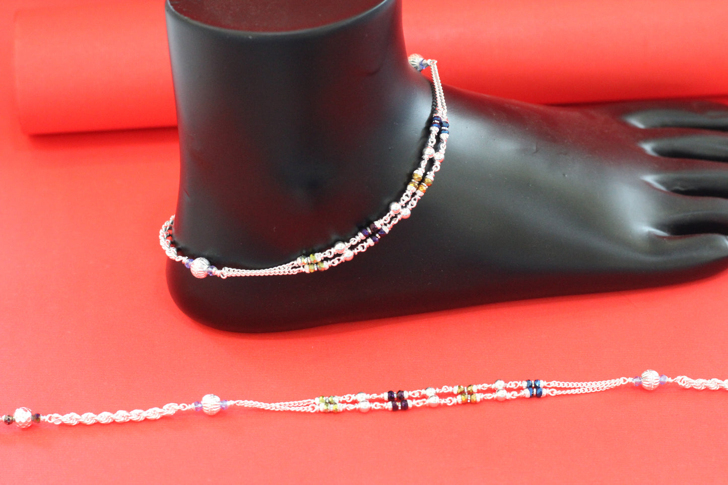 Silver Anklet for Women & Girls | Double Chain Payal with Multi-Color Beads & Silver Balls | Lightweight Daily Wear Jewelry