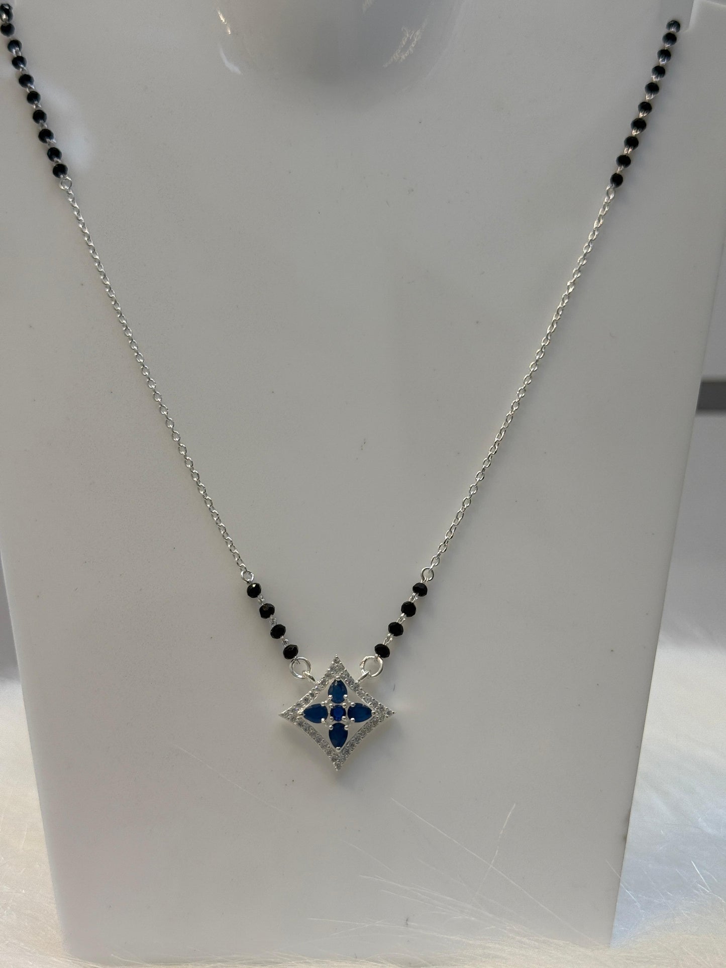925 Sterling Silver Black Bead Mangalsutra with Diamond-Shaped Pendant | Lightweight Daily Wear Jewellery for Women