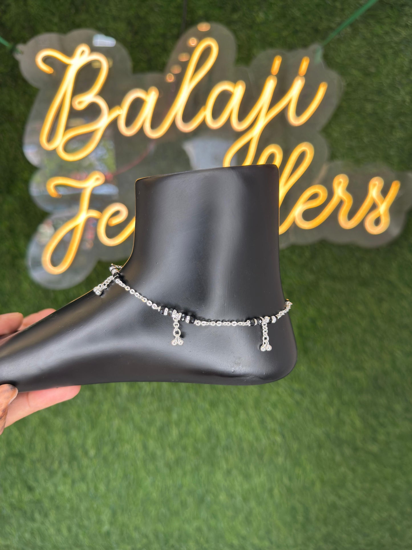 Elegant Silver Black Beaded Anklet with Hanging Charms for Women & Girls