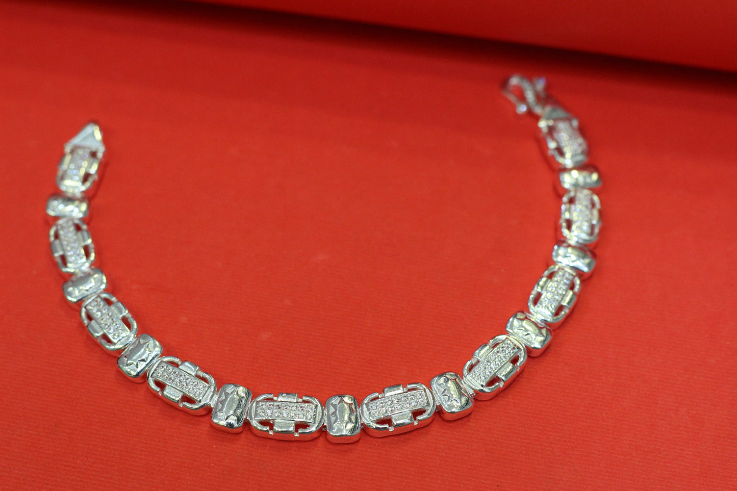 Alternating textured and stone-studded rectangular links Elegant Silver-Tone Designer Bracelet