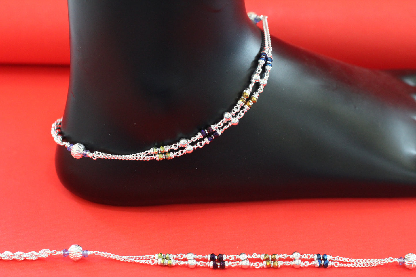 Silver Anklet for Women & Girls | Double Chain Payal with Multi-Color Beads & Silver Balls | Lightweight Daily Wear Jewelry
