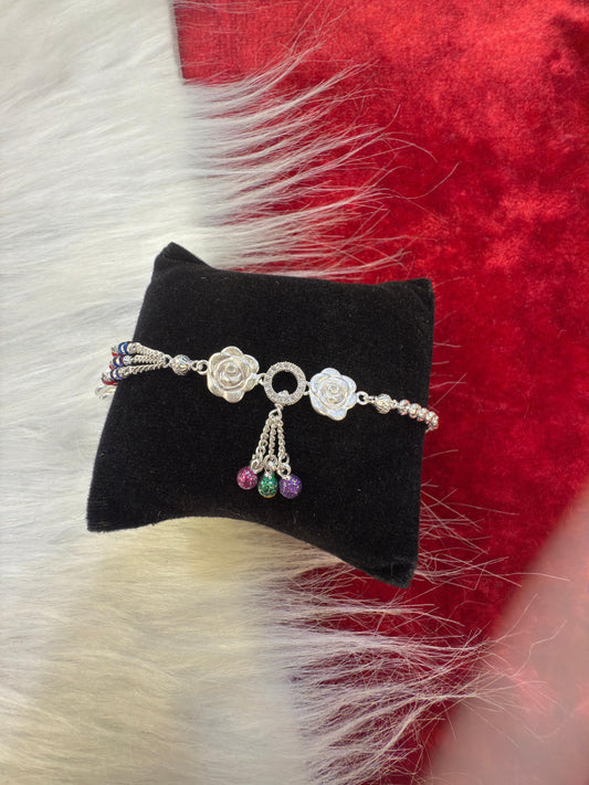Silver flower Charm Bracelet for Girls | Elegant Adjustable Bracelet with Sparkling Stones & Dangling Beads | Perfect Gift for Women & Teens