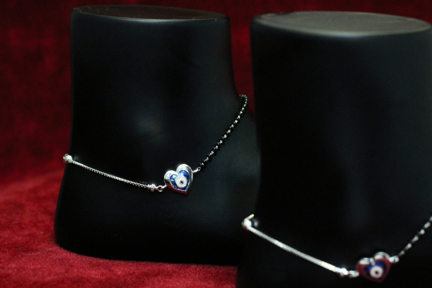 925 Sterling Silver Heart Evil Eye Charm Anklet for Women & Girls | Dual Chain Black Beads & Silver Link Payal| Adjustable Lightweight Design