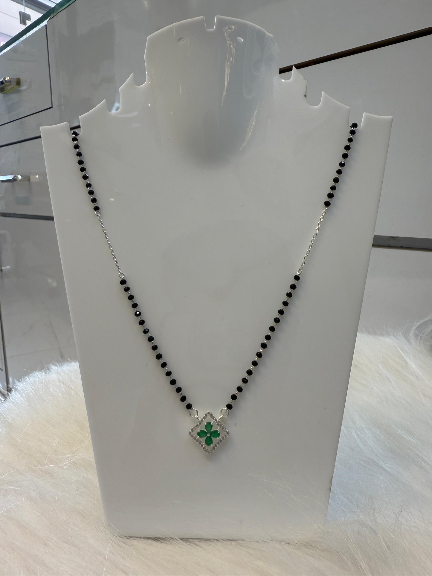 Lightweight Silver Black Bead Mangalsutra with Geometric Diamond Pendant | Office Wear & Gift Jewellery for Women