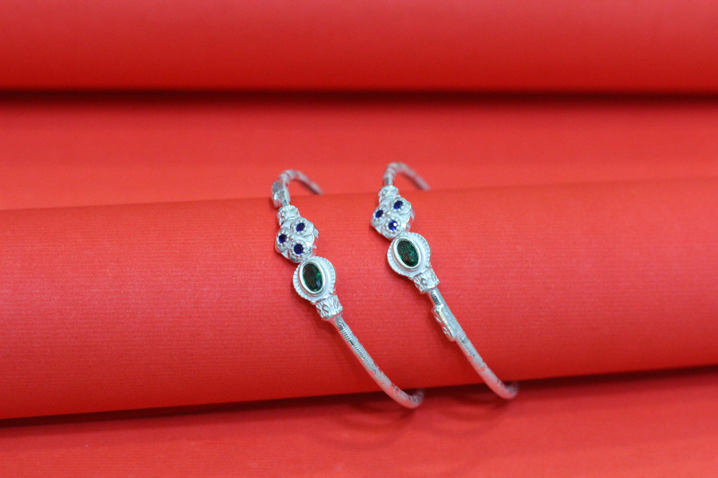 Silver Kids Bangles green stone