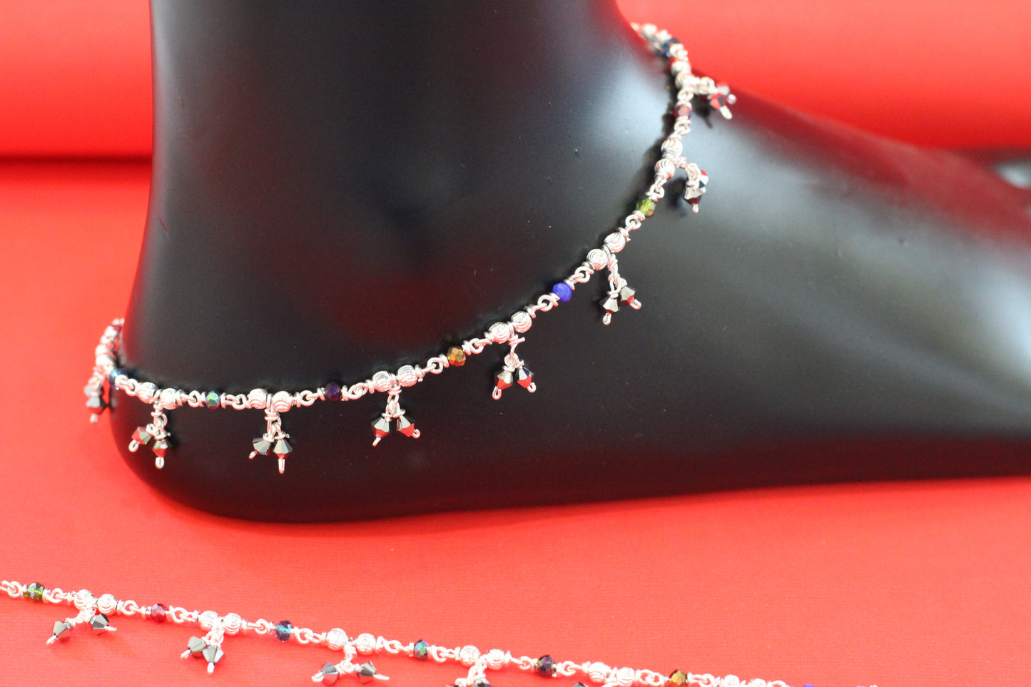 Silver Anklet with Multicolor Beads & Hanging Charms – Lightweight Daily Wear Payal for Women & Girls