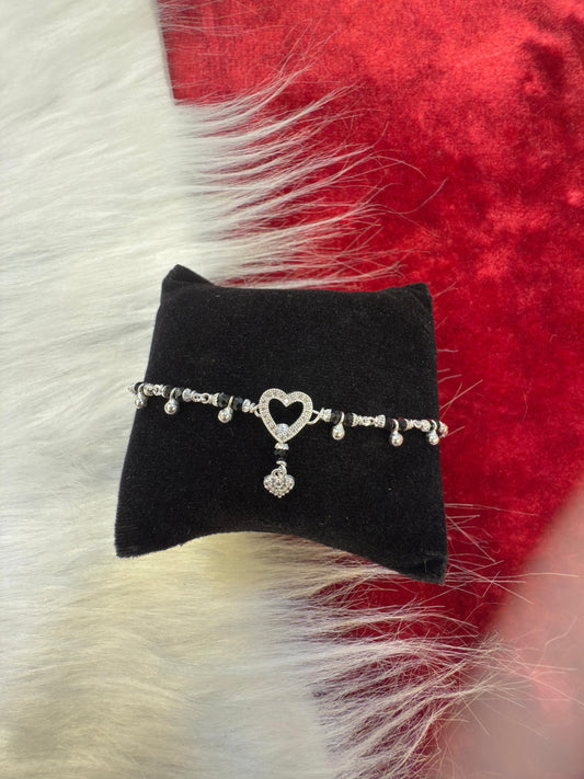 Silver Heart Charm Bracelet for Girls | Elegant Adjustable Bracelet with Sparkling Stones & Dangling Beads | Perfect Gift for Women & Teens