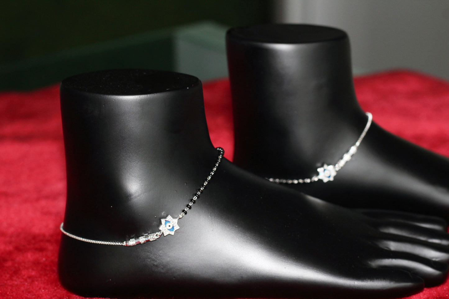 925 Sterling Silver Evil Eye Star Anklet for Women & Girls | Black Beads Payal with Protective Nazar Charm