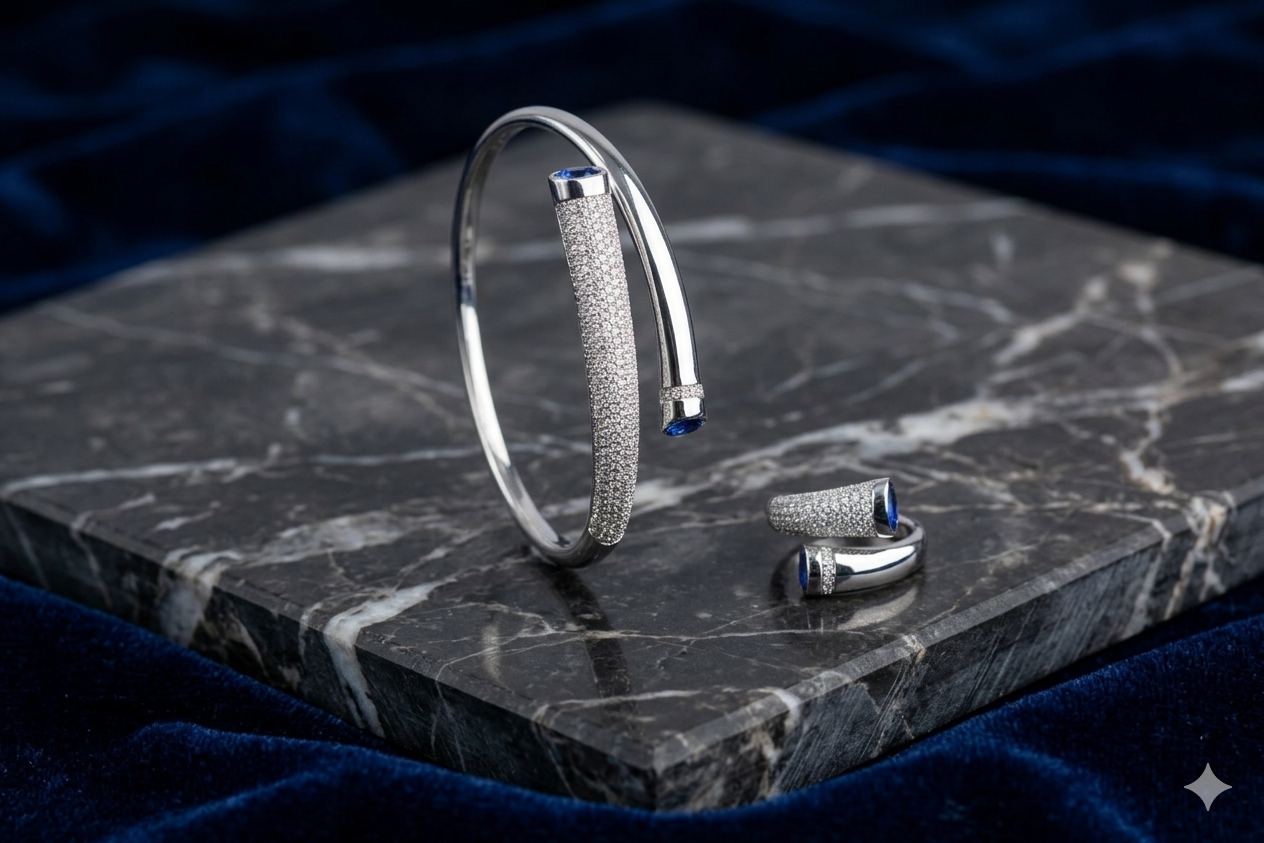 Elegant Silver Finish Kada & Ring Combo Set with CZ Stones