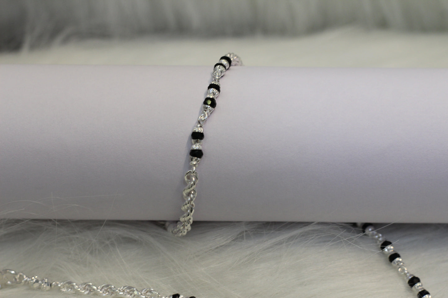 Elegant Silver Payal with black Beads in rope chain