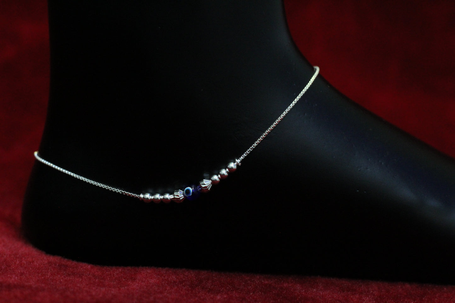 925 Sterling Silver Simple Box Chain Anklet with evil eye Bead Accents for Women & Girls – Lightweight Daily Wear Payal